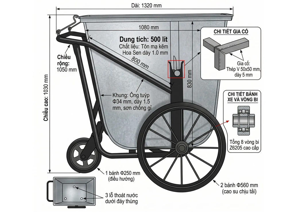 Xe thu gom rác bằng tôn 500 lít